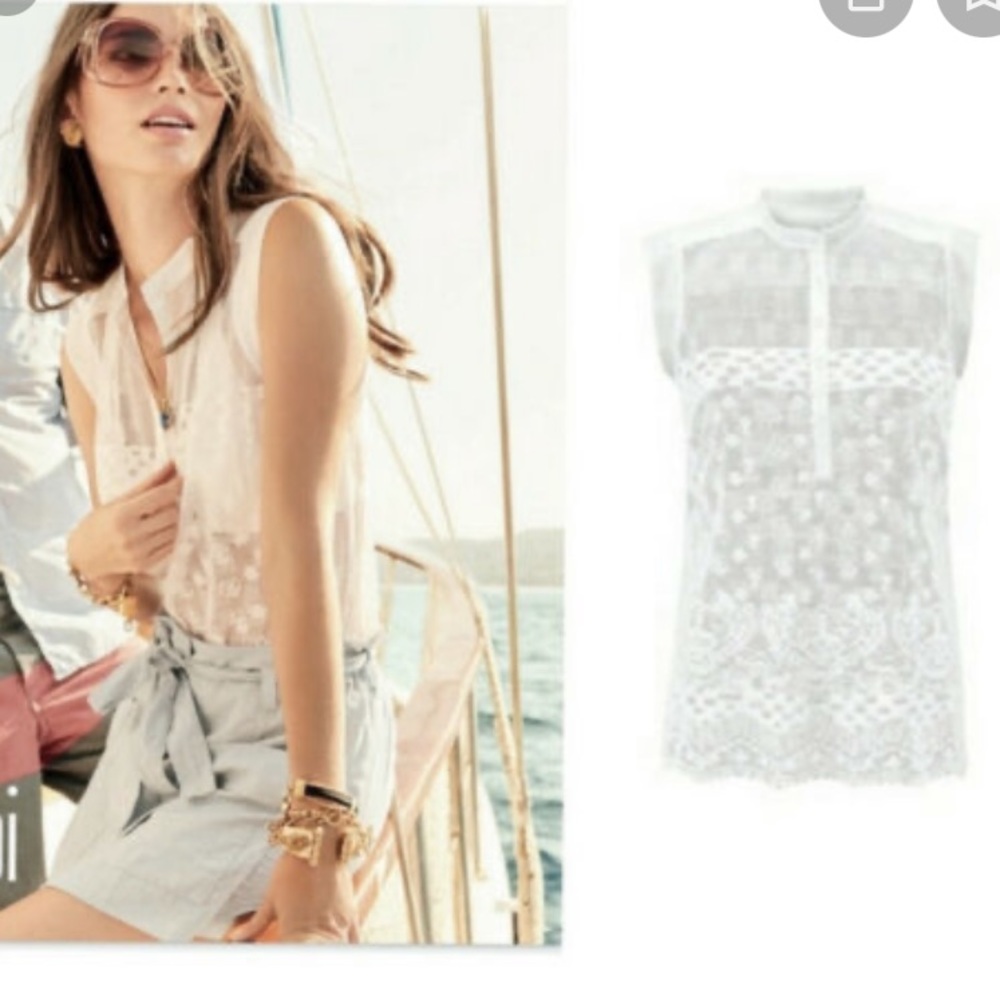 Cabi Prudence White Lace Blouse Gem